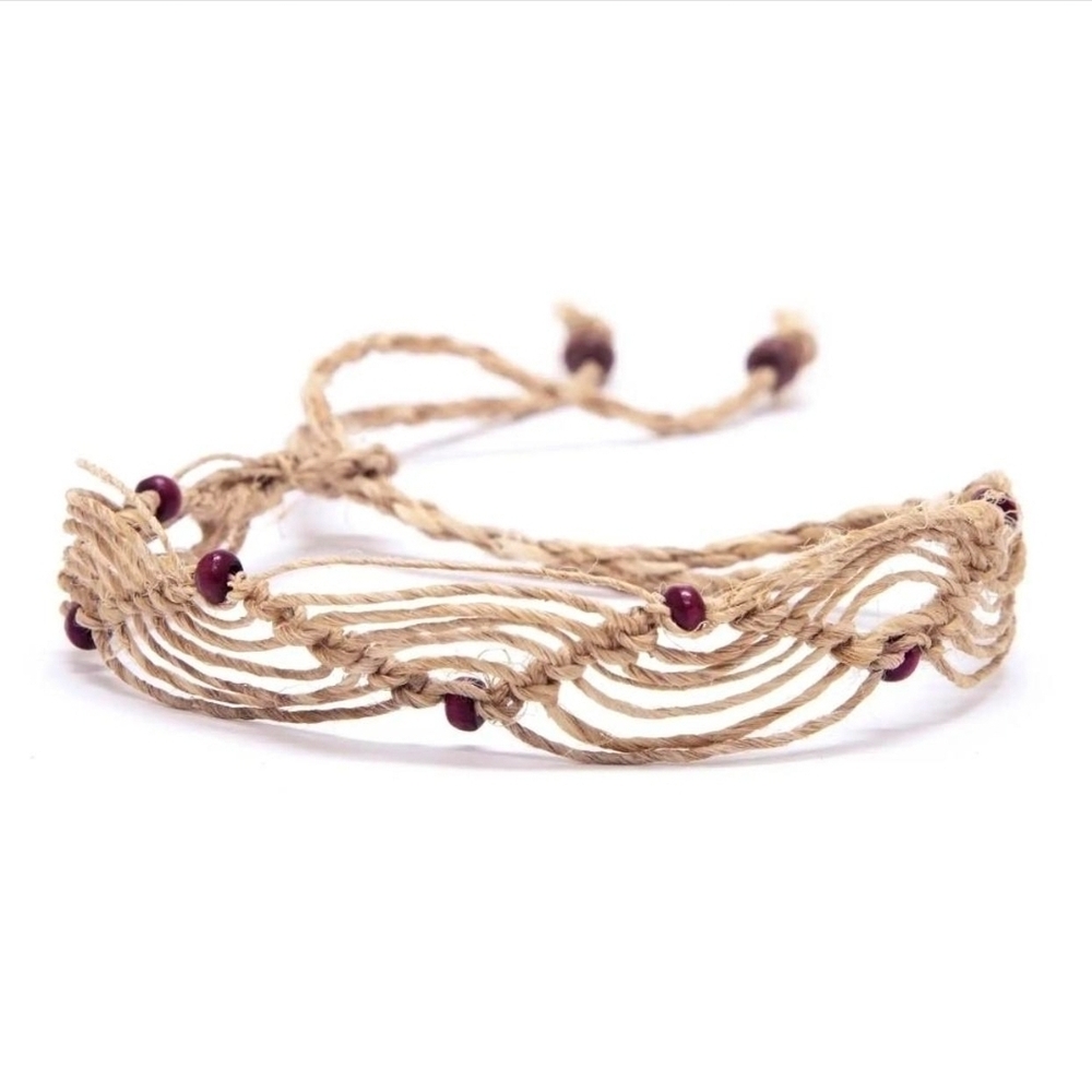Open Weave Zig-Zag Hemp Bracelet/Anklet with Wooden Beads – Adjustable (7"–12.5"